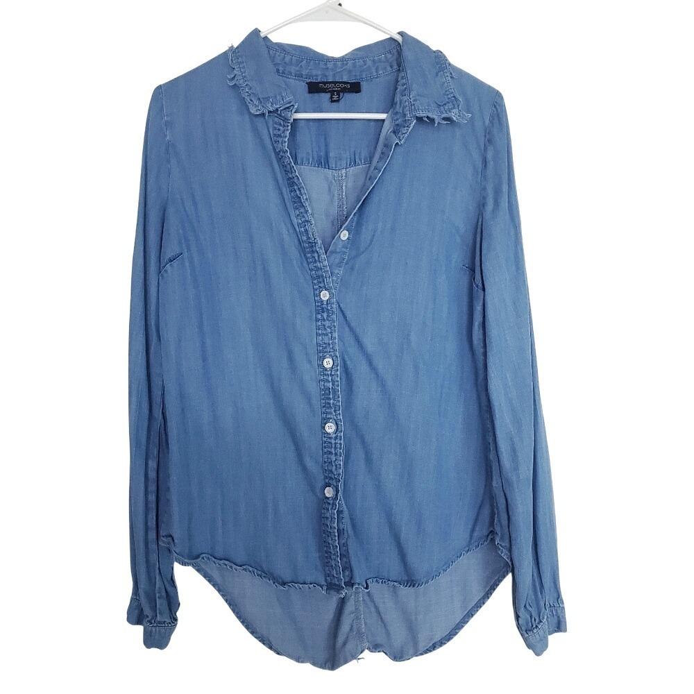 Chambray Frayed‎ Collar Neck Long Sleeve Button Up Blue Distressed SZ:S